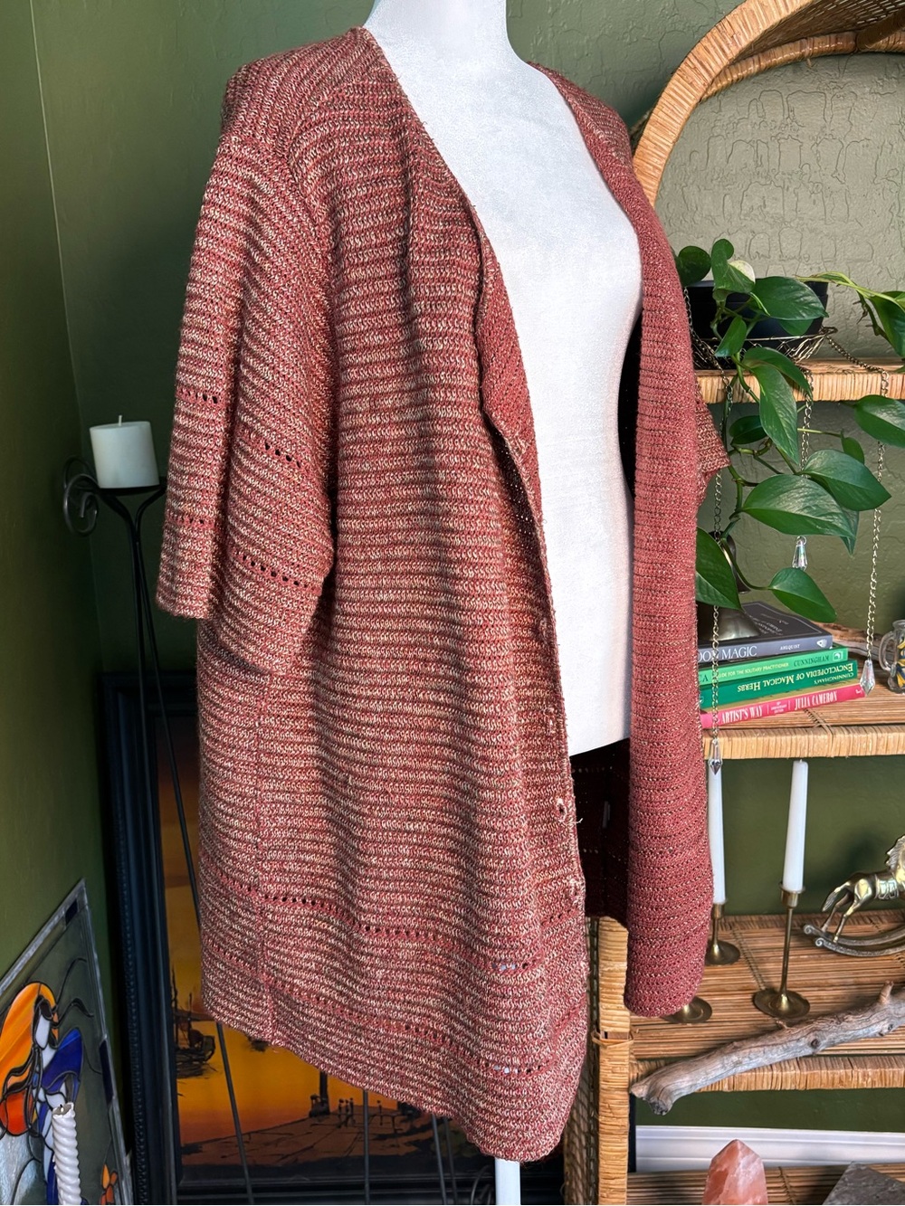 VTG Women's Open-Front Knit Cardigan Tshirt Sweater in Rust Burnt Orange